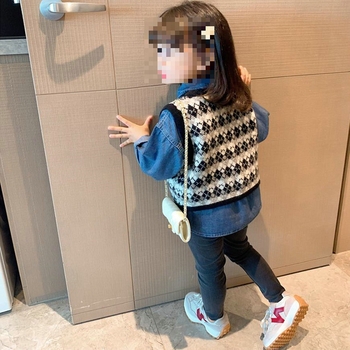 Dječji dvodijelni set: karirana pletena vesta i denim košulja, 100% pamuk, korejski stil, za djecu 3–8 godina, jesen.