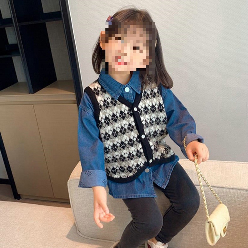 Dječji dvodijelni set: karirana pletena vesta i denim košulja, 100% pamuk, korejski stil, za djecu 3–8 godina, jesen.