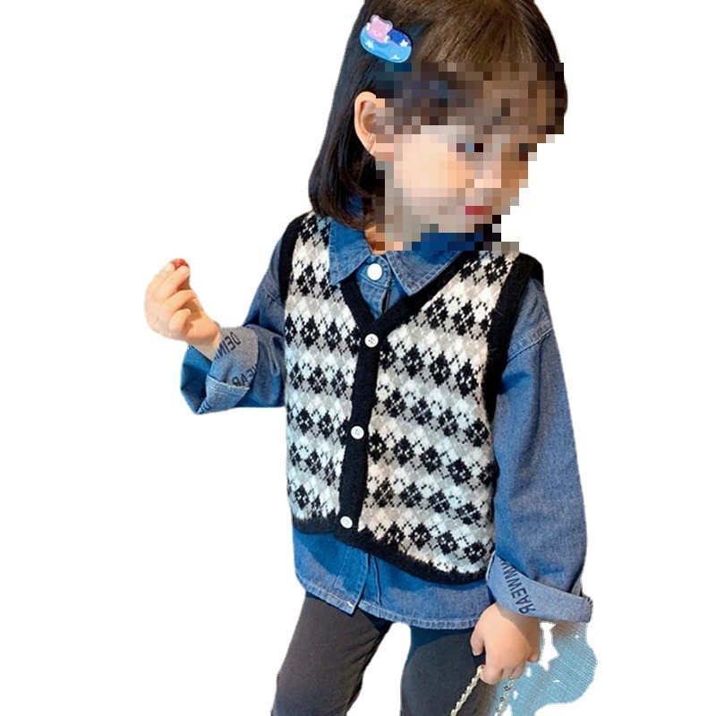 Dječji dvodijelni set: karirana pletena vesta i denim košulja, 100% pamuk, korejski stil, za djecu 3–8 godina, jesen.