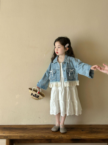 Džinsinė striukė su nėriniais mergaitėms, korėjietiško stiliaus, 80% medvilnė, ruduo 2025