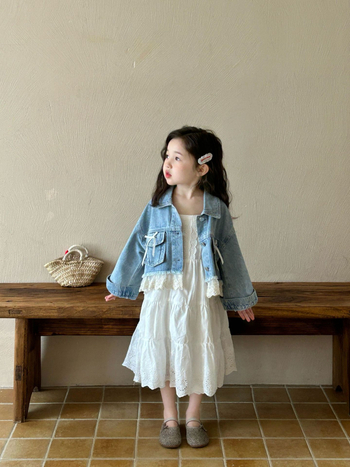 Džinsinė striukė su nėriniais mergaitėms, korėjietiško stiliaus, 80% medvilnė, ruduo 2025