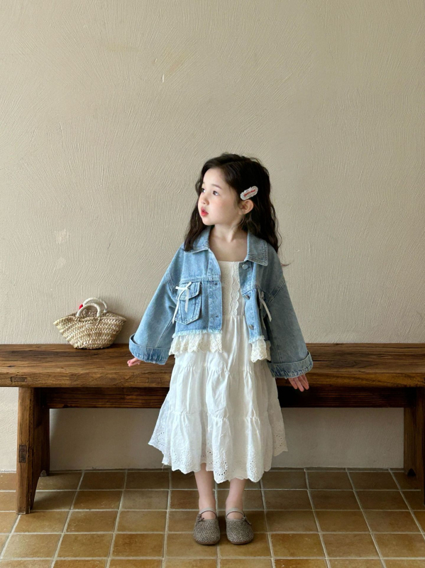 Džinsinė striukė su nėriniais mergaitėms, korėjietiško stiliaus, 80% medvilnė, ruduo 2025