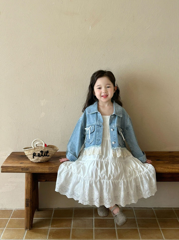 Džinsinė striukė su nėriniais mergaitėms, korėjietiško stiliaus, 80% medvilnė, ruduo 2025