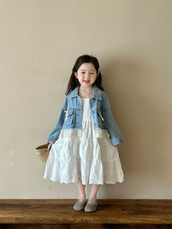 Džinsinė striukė su nėriniais mergaitėms, korėjietiško stiliaus, 80% medvilnė, ruduo 2025