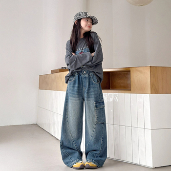 Laste džins cargo püksid voodriga fliisiga, kõrge vöökoht, elastne vöö, talv 2025