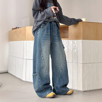 Laste džins cargo püksid voodriga fliisiga, kõrge vöökoht, elastne vöö, talv 2025