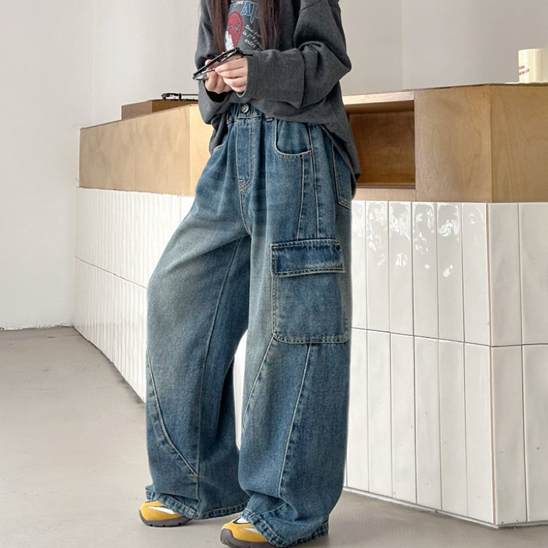 Laste džins cargo püksid voodriga fliisiga, kõrge vöökoht, elastne vöö, talv 2025