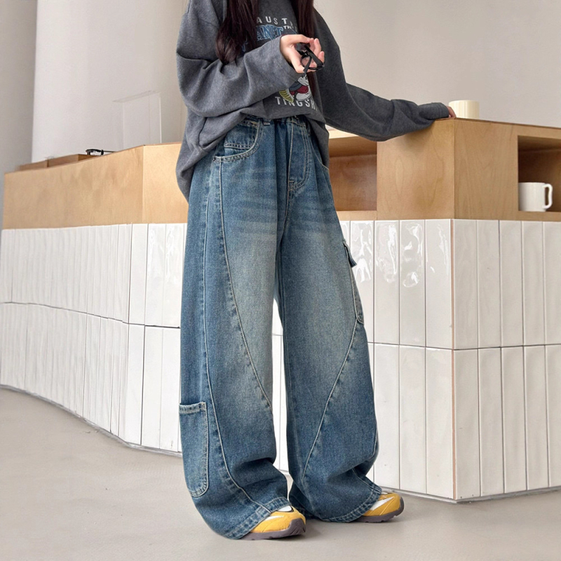 Laste džins cargo püksid voodriga fliisiga, kõrge vöökoht, elastne vöö, talv 2025