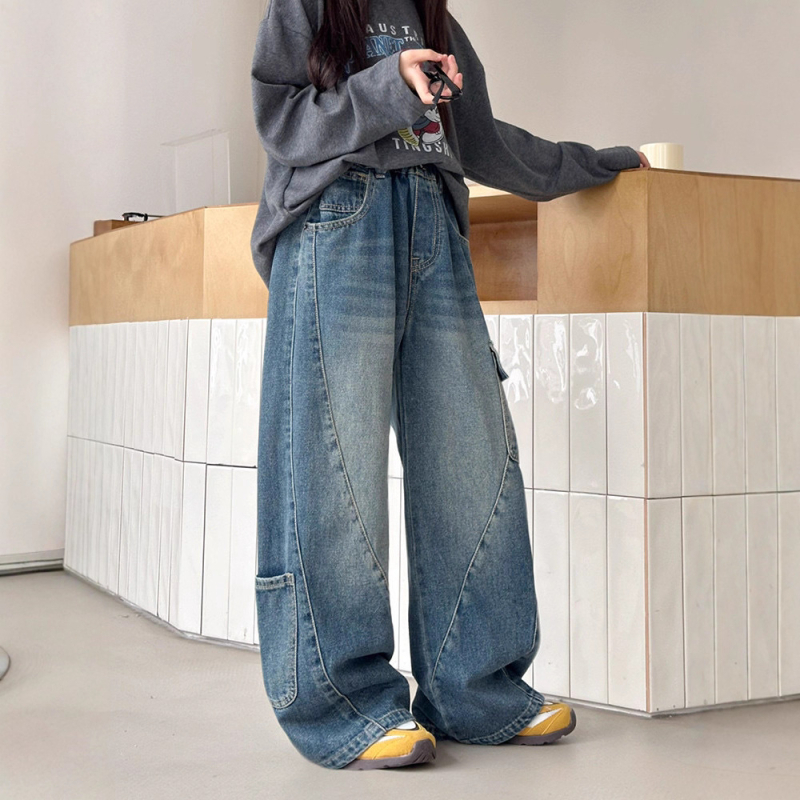 Laste džins cargo püksid voodriga fliisiga, kõrge vöökoht, elastne vöö, talv 2025