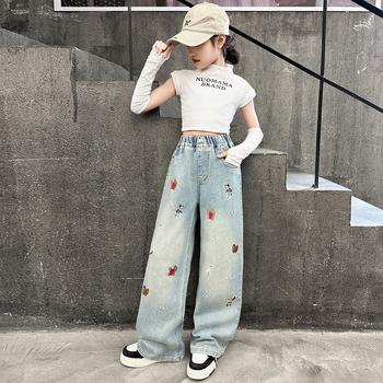 Dječje traperice – Korejski stil, Cowboy denim, 62% pamuka, meka obrada, crtani uzorak, srednji pojas, za djevojčice starije od 8 godina