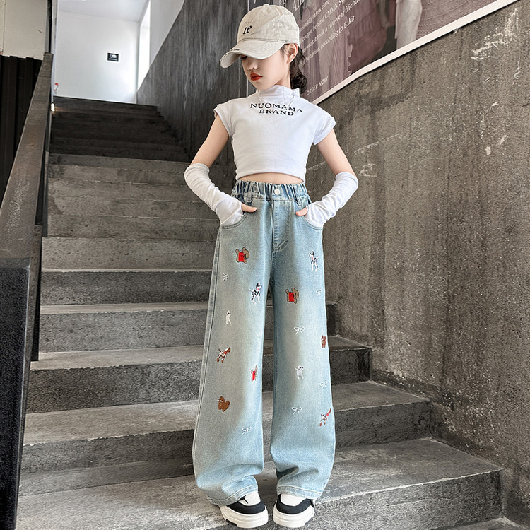 Dječje traperice – Korejski stil, Cowboy denim, 62% pamuka, meka obrada, crtani uzorak, srednji pojas, za djevojčice starije od 8 godina