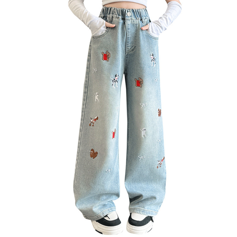 Dječje traperice – Korejski stil, Cowboy denim, 62% pamuka, meka obrada, crtani uzorak, srednji pojas, za djevojčice starije od 8 godina