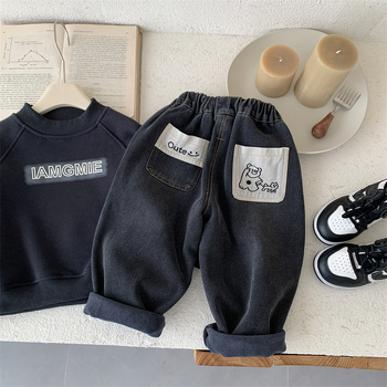 Dječje traperice s karikaturalnim uzorkom, 60% pamuk 40% poliester, debeli zimski modeli, srednji pojas, elastični pojas, mekani završetak, branda Fawn Angel, za djecu 3–8 godina