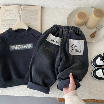 Dječje traperice s karikaturalnim uzorkom, 60% pamuk 40% poliester, debeli zimski modeli, srednji pojas, elastični pojas, mekani završetak, branda Fawn Angel, za djecu 3–8 godina