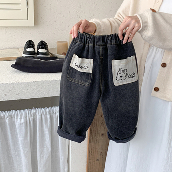 Dječje traperice s karikaturalnim uzorkom, 60% pamuk 40% poliester, debeli zimski modeli, srednji pojas, elastični pojas, mekani završetak, branda Fawn Angel, za djecu 3–8 godina