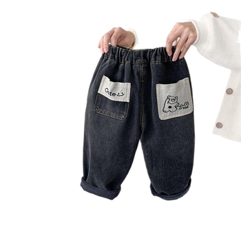 Dječje traperice s karikaturalnim uzorkom, 60% pamuk 40% poliester, debeli zimski modeli, srednji pojas, elastični pojas, mekani završetak, branda Fawn Angel, za djecu 3–8 godina