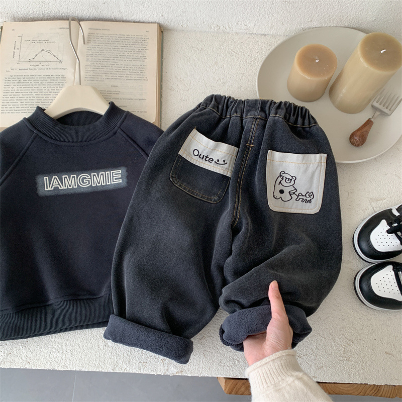 Dječje traperice s karikaturalnim uzorkom, 60% pamuk 40% poliester, debeli zimski modeli, srednji pojas, elastični pojas, mekani završetak, branda Fawn Angel, za djecu 3–8 godina