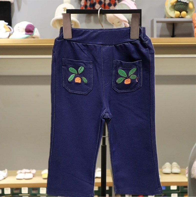 Koreal stiilis laste trikootpüksid puuvillast, denim-efektiga, keskmise talje elastne vöö, ühes värvitoonis, sobib 3–8-aastastele tüdrukutele