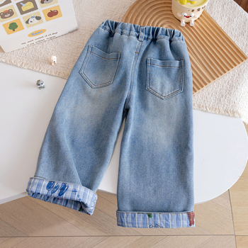 Детски зимни дънки за момичета, бродерия, 100% памук, подплатени с флис, JK стил, права кройка