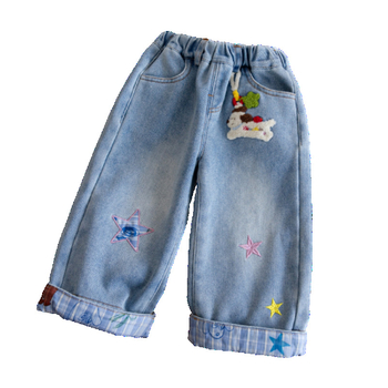 Детски зимни дънки за момичета, бродерия, 100% памук, подплатени с флис, JK стил, права кройка