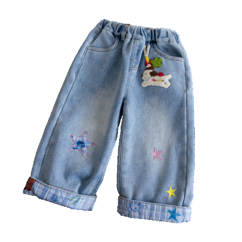 Детски зимни дънки за момичета, бродерия, 100% памук, подплатени с флис, JK стил, права кройка