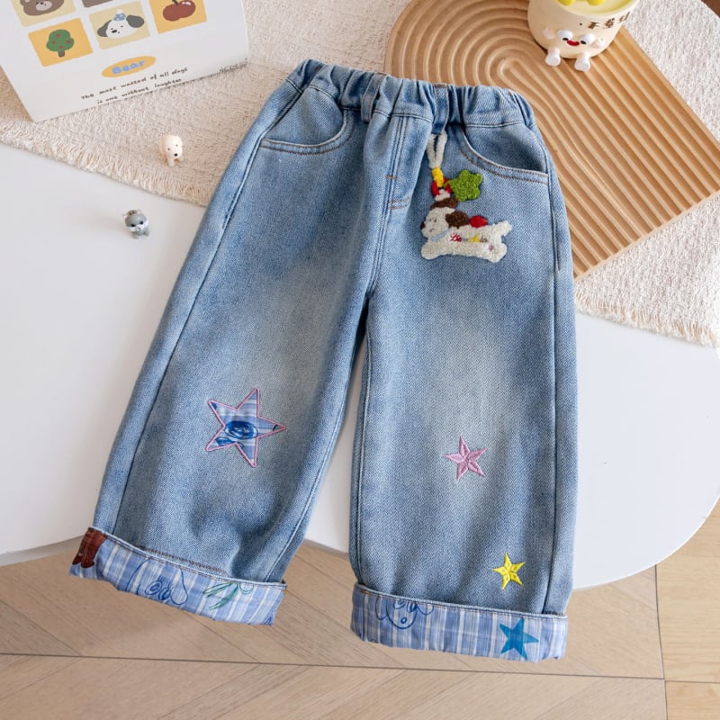 Детски зимни дънки за момичета, бродерия, 100% памук, подплатени с флис, JK стил, права кройка