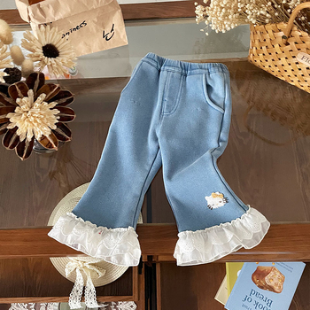 Mergaitėms velūriniai džinsai, korėjietiškas stilius, katės siuvinėjimas ir nėriniai, platėjančios kojų linijos, vidutinio aukščio juosmuo, rudens–žiemos 2025