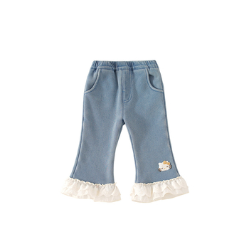 Mergaitėms velūriniai džinsai, korėjietiškas stilius, katės siuvinėjimas ir nėriniai, platėjančios kojų linijos, vidutinio aukščio juosmuo, rudens–žiemos 2025