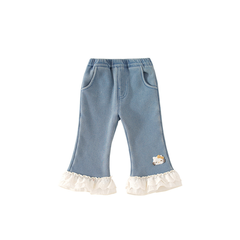 Mergaitėms velūriniai džinsai, korėjietiškas stilius, katės siuvinėjimas ir nėriniai, platėjančios kojų linijos, vidutinio aukščio juosmuo, rudens–žiemos 2025