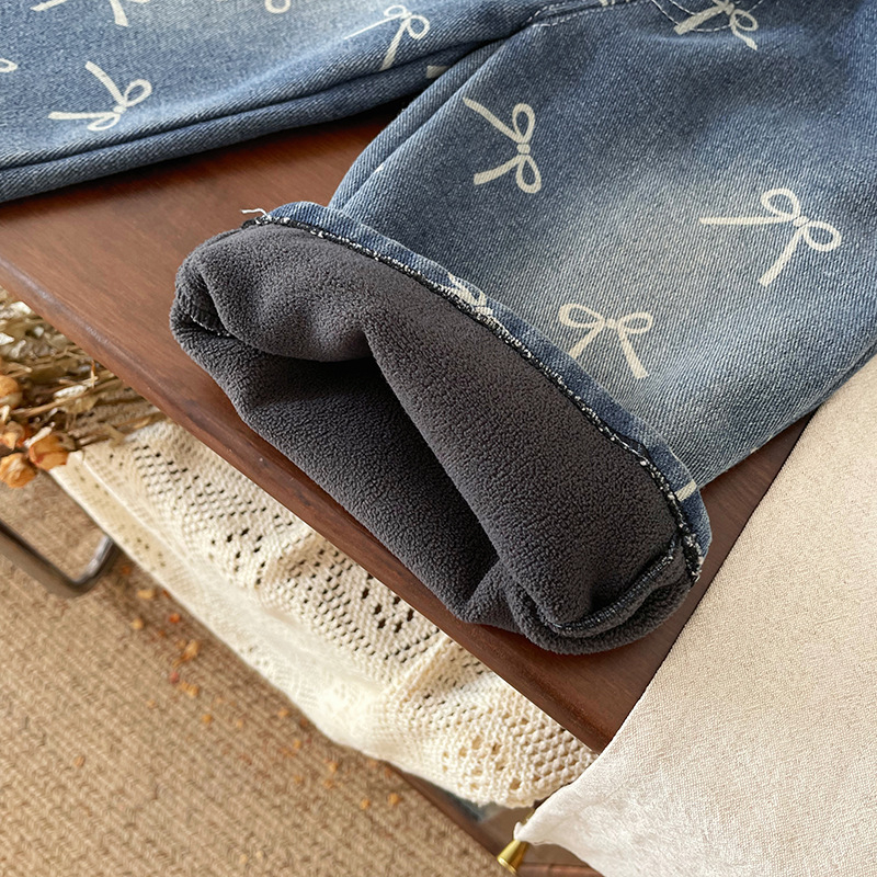 Laste džinsid fleece voodriga, Korea stiilis, paelaga, 65% puuvillasegu, vanustele 3-8 aastat, sügis-talv