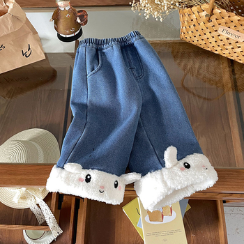 Jeansi pentru fete cu model cartoon, 55% bumbac în amestec, talie medie cu bandă elastică, finisaj moale, Toamnă-Iarnă 2025