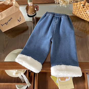 Jeansi pentru fete cu model cartoon, 55% bumbac în amestec, talie medie cu bandă elastică, finisaj moale, Toamnă-Iarnă 2025