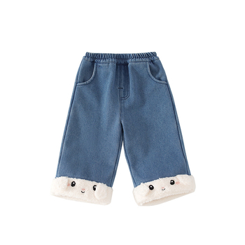 Jeansi pentru fete cu model cartoon, 55% bumbac în amestec, talie medie cu bandă elastică, finisaj moale, Toamnă-Iarnă 2025