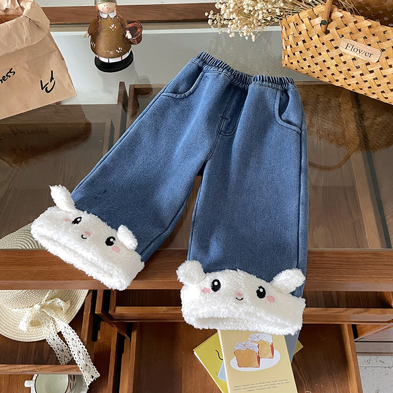 Jeansi pentru fete cu model cartoon, 55% bumbac în amestec, talie medie cu bandă elastică, finisaj moale, Toamnă-Iarnă 2025