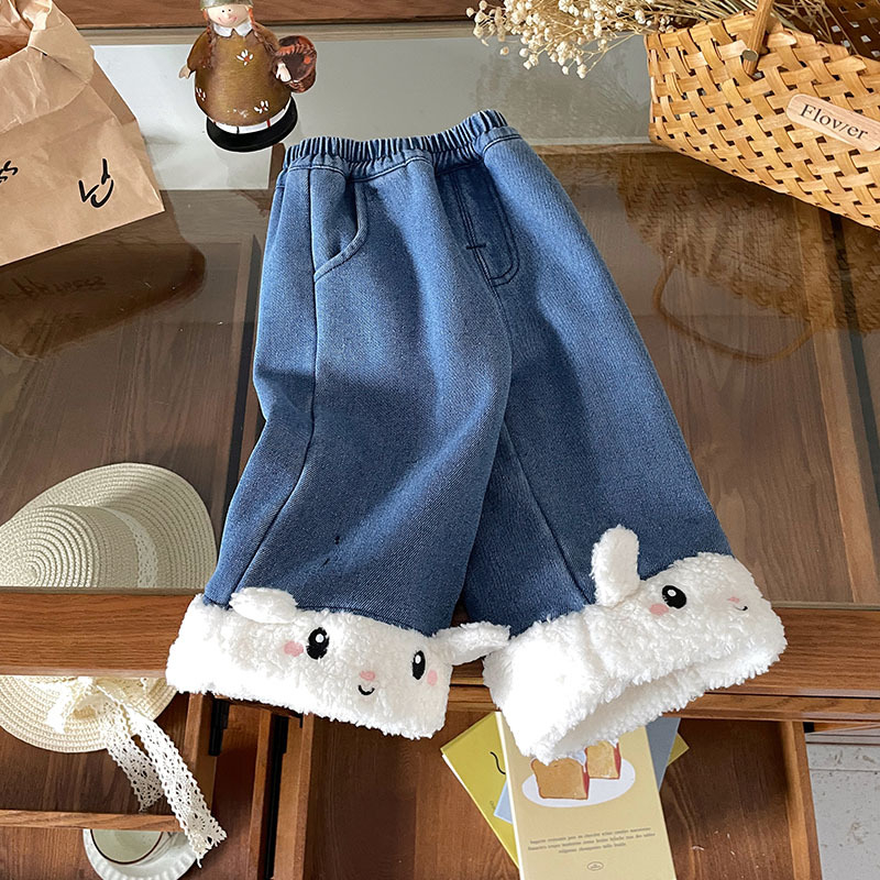 Jeansi pentru fete cu model cartoon, 55% bumbac în amestec, talie medie cu bandă elastică, finisaj moale, Toamnă-Iarnă 2025