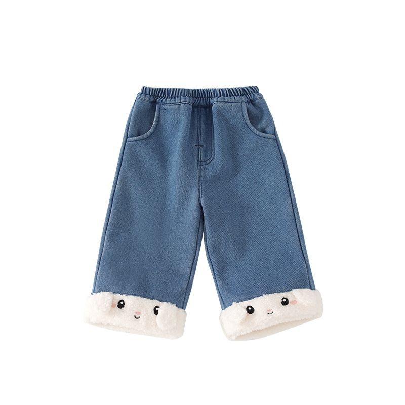 Jeansi pentru fete cu model cartoon, 55% bumbac în amestec, talie medie cu bandă elastică, finisaj moale, Toamnă-Iarnă 2025