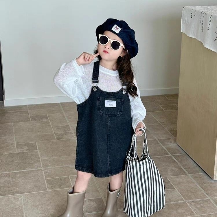 Set pentru fetițe din două piese: fustă cu bretele în stil coreean, din bumbac, mâneci lungi, primăvara 2025, pentru fete 3–8 ani