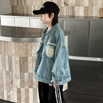 Fiúknak szóló denim kabát, tavasz, koreai stílus, középhosszú, hosszú ujjú