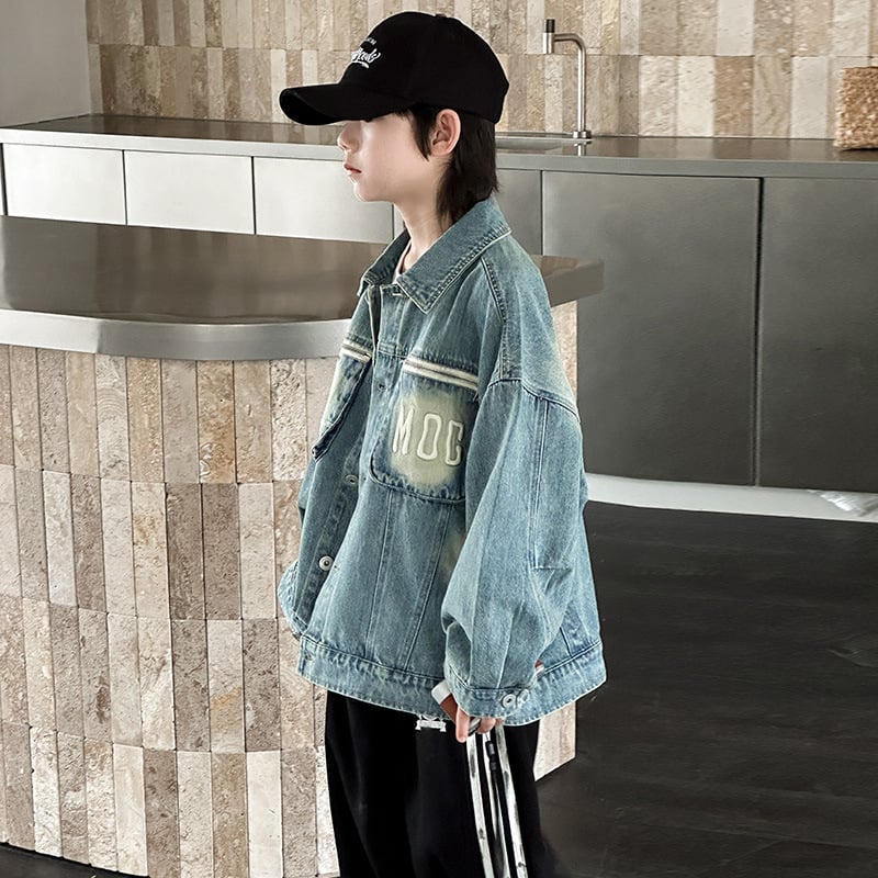 Fiúknak szóló denim kabát, tavasz, koreai stílus, középhosszú, hosszú ujjú