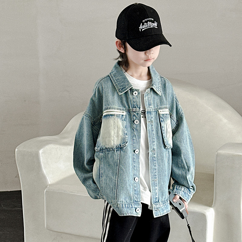 Fiúknak szóló denim kabát, tavasz, koreai stílus, középhosszú, hosszú ujjú