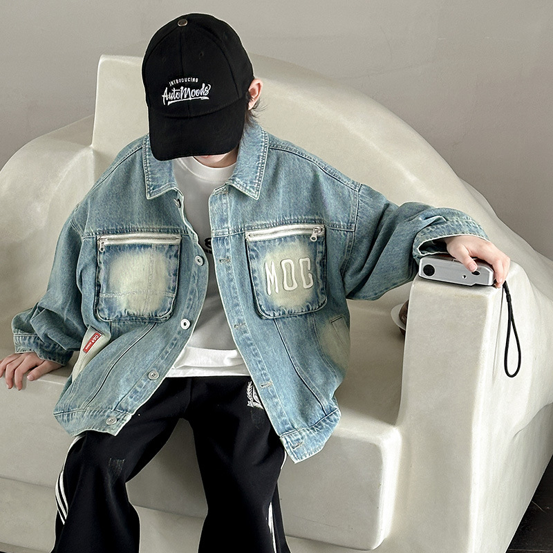 Fiúknak szóló denim kabát, tavasz, koreai stílus, középhosszú, hosszú ujjú