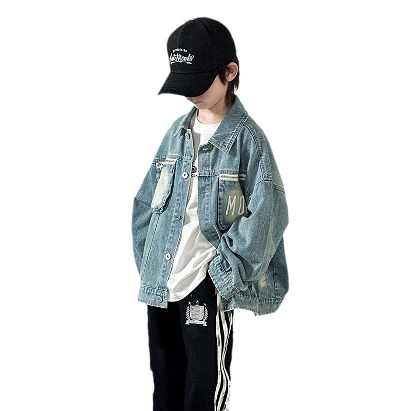 Fiúknak szóló denim kabát, tavasz, koreai stílus, középhosszú, hosszú ujjú