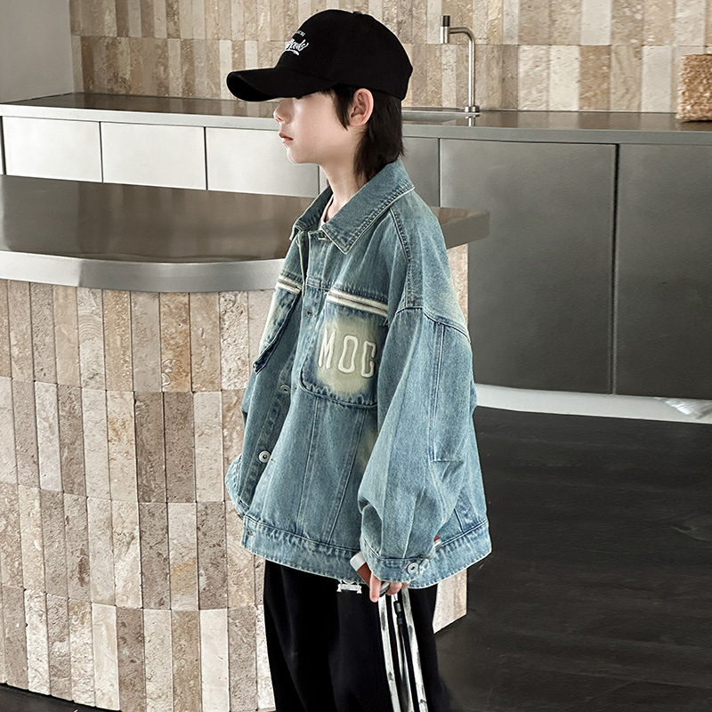 Fiúknak szóló denim kabát, tavasz, koreai stílus, középhosszú, hosszú ujjú
