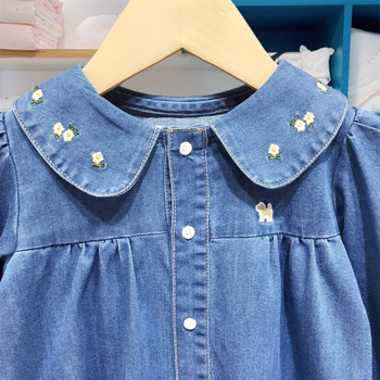 Koreapõhise stiiliga puuvillane džinskleit, enzüümi pesu, A-liin, pikkade varrukatega, tüdrukutele 3-8 aastat