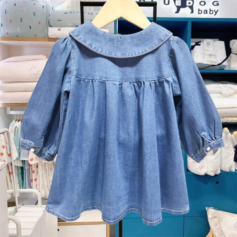 Koreapõhise stiiliga puuvillane džinskleit, enzüümi pesu, A-liin, pikkade varrukatega, tüdrukutele 3-8 aastat