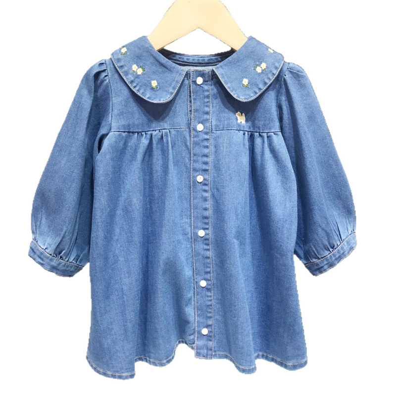 Koreapõhise stiiliga puuvillane džinskleit, enzüümi pesu, A-liin, pikkade varrukatega, tüdrukutele 3-8 aastat