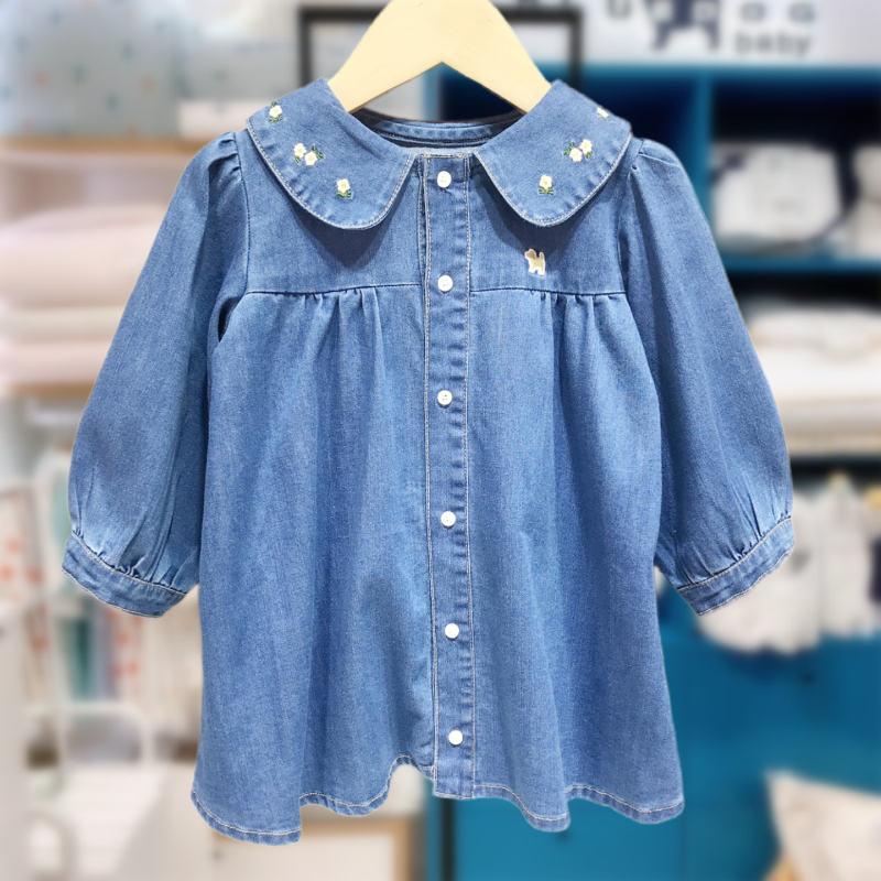 Koreapõhise stiiliga puuvillane džinskleit, enzüümi pesu, A-liin, pikkade varrukatega, tüdrukutele 3-8 aastat