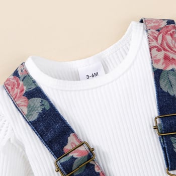 Dječji dvodijelni komplet: denim suknja s naramenicama i marama za glavu, cvjetni uzorak, 100% poliester, dugi rukav, za uzrast 1–3 godine, proljeće-jesen