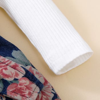 Dječji dvodijelni komplet: denim suknja s naramenicama i marama za glavu, cvjetni uzorak, 100% poliester, dugi rukav, za uzrast 1–3 godine, proljeće-jesen