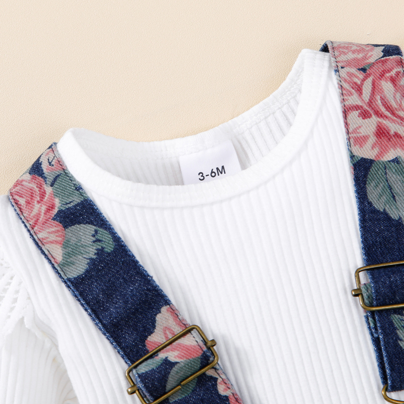 Dječji dvodijelni komplet: denim suknja s naramenicama i marama za glavu, cvjetni uzorak, 100% poliester, dugi rukav, za uzrast 1–3 godine, proljeće-jesen